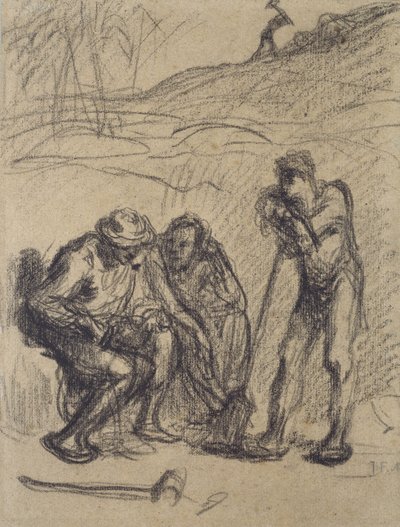 Drei Bauern ruhen sich aus, einer lehnt auf einem Spaten von Jean Francois Millet